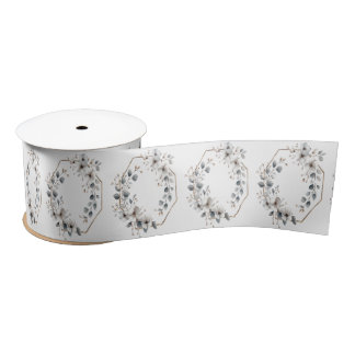 Watercolor White Flowers Golden Frame Silver Teal Satin Ribbon