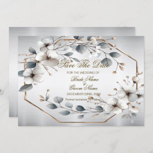 Watercolor White Flowers Golden Frame Silver Teal Save The Date