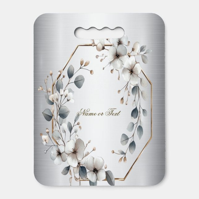 Watercolor White Flowers Golden Frame Silver Teal Seat Cushion (Front Vertical)