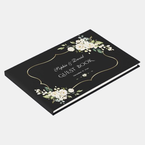 Watercolor White Flowers Green Gold Black Wedding Guest Book