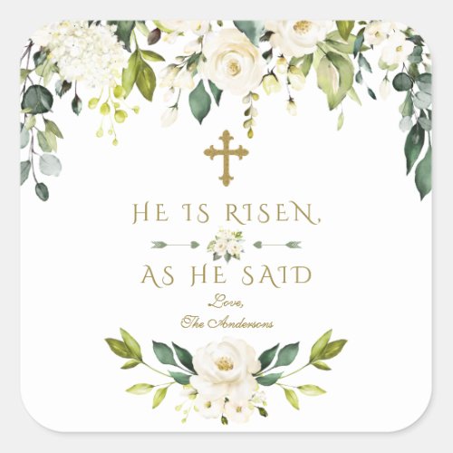 Watercolor White Flowers He Is Risen Gold Easter Square Sticker