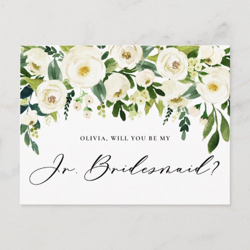 Watercolor White Flowers Jr Bridesmaid Proposal Invitation Postcard