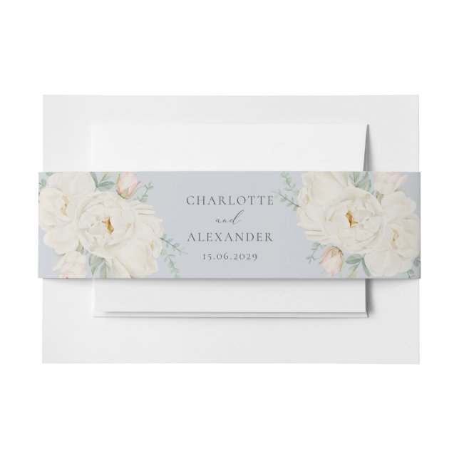 Watercolor white flowers, light blue wedding  invitation belly band (Front Example)