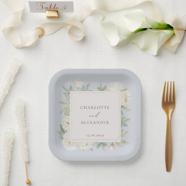 Watercolor white flowers, light blue wedding  paper plates (Wedding)