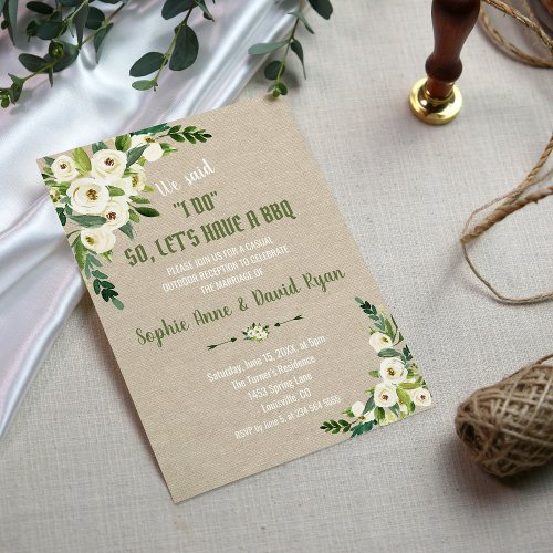 Watercolor White Flowers Linen Canvas I DO BBQ Invitation