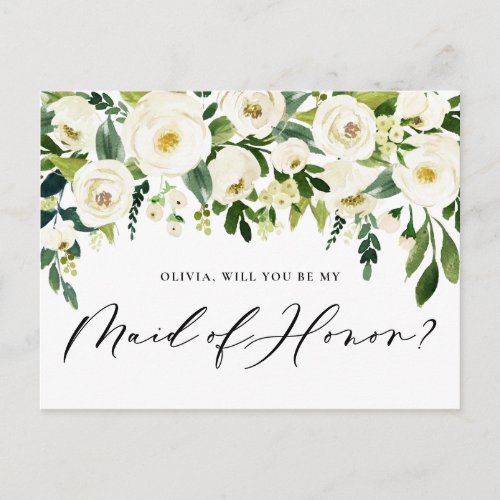Watercolor White Flowers Maid of Honor Proposal Invitation Postcard