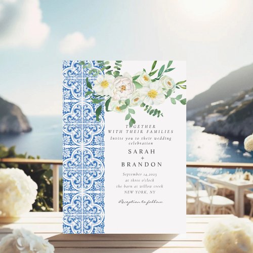 Watercolor White Flowers Mediterranean Wedding Invitation