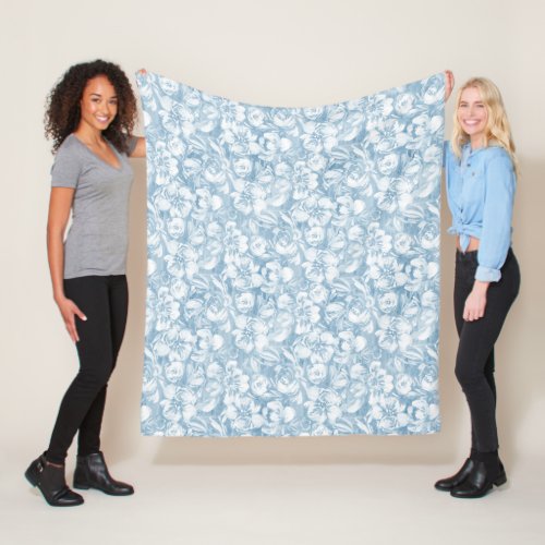 Watercolor white flowers on blue  fleece blanket