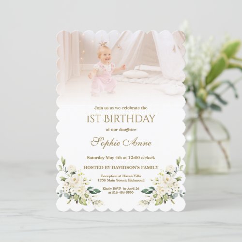 Watercolor White Flowers Photo Boy 1st Birthday Invitation