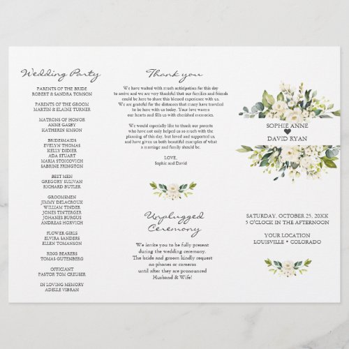 Watercolor White Flowers TriFold Wedding Program Flyer