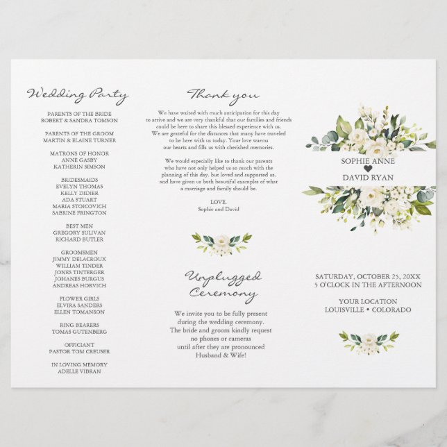 Watercolor White Flowers Tri+Fold Wedding Program Flyer (Front)