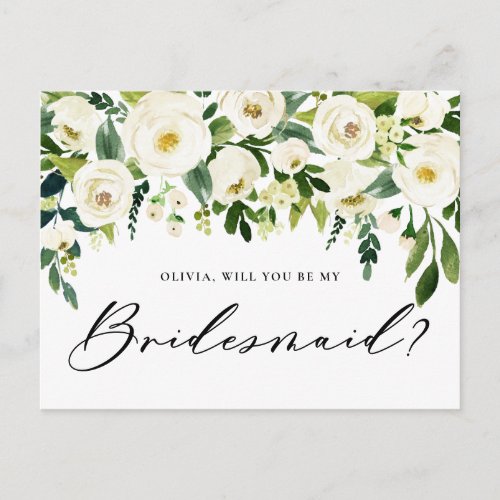 Watercolor White Flowers Will You Be My Bridesmaid Invitation Postcard