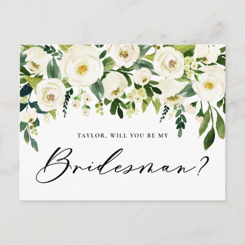 Watercolor White Flowers Will You Be My Bridesman Invitation Postcard