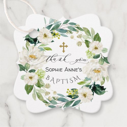 Watercolor White Flowers Wreath Cross Baptism   Favor Tags