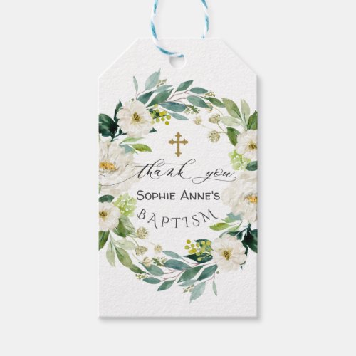 Watercolor White Flowers Wreath Cross Baptism Gift Tags
