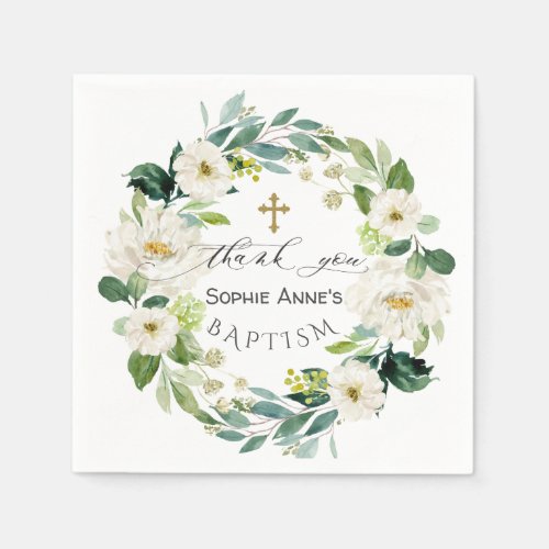 Watercolor White Flowers Wreath Cross Baptism   Napkins