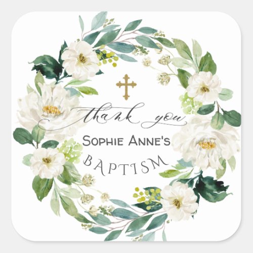Watercolor White Flowers Wreath Cross Baptism    Square Sticker