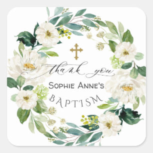 Watercolor White Flowers Wreath Cross Baptism Square Sticker