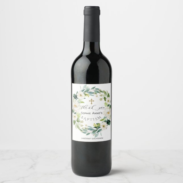 Watercolor White Flowers Wreath Cross Baptism  Wine Label (Front)
