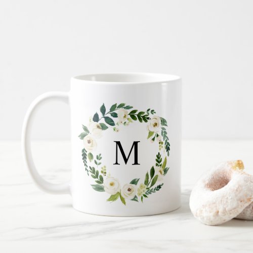 Watercolor White Flowers Wreath Monogram Coffee Mug