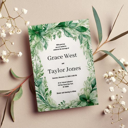 Watercolor white forest green ivory floral Wedding Invitation