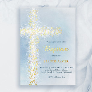 watercolor white gold cross Baptism Foil Invitation
