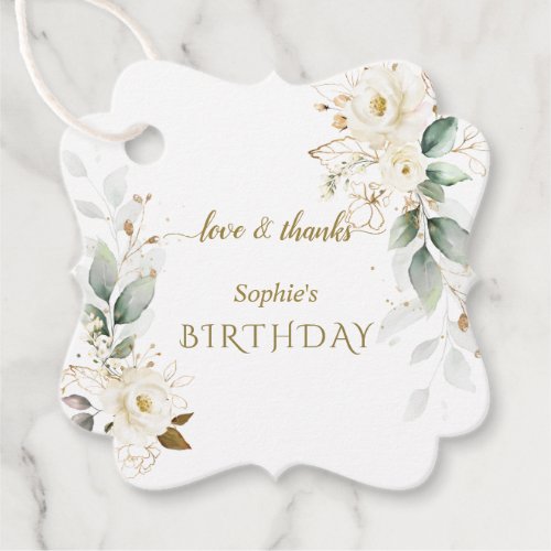 Watercolor White Gold Flowers Greenery Birthday Favor Tags