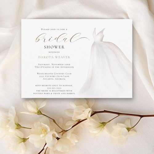 Watercolor White Gold Wedding Dress Bridal Shower Invitation