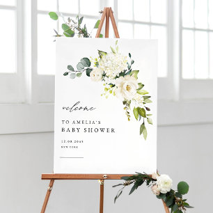 Watercolor White Hydrangea and Rose Baby Shower Poster