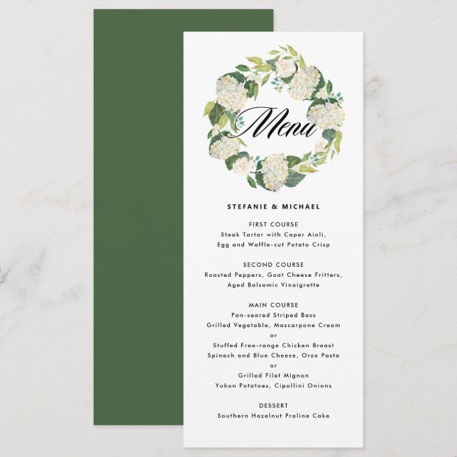 Watercolor White Hydrangea Flowers Wreath Wedding Menu (Front/Back)