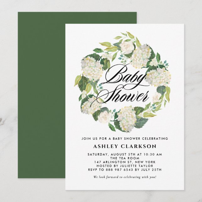 Watercolor White Hydrangea Wreath Baby Shower Invitation (Front/Back)