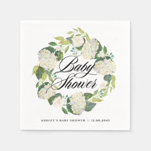 Watercolor White Hydrangea Wreath Baby Shower Napkins