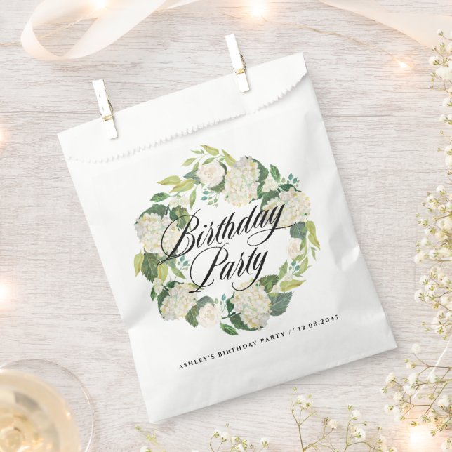 Watercolor White Hydrangea Wreath Birthday Party Favor Bag (Clipped)