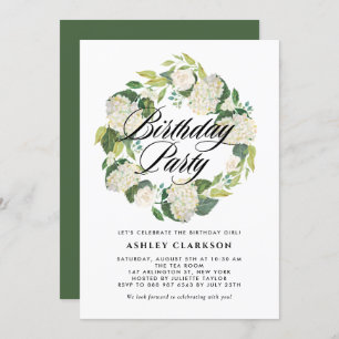 Watercolor White Hydrangea Wreath Birthday Party Invitation