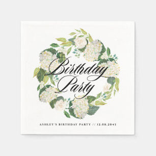 Watercolor White Hydrangea Wreath Birthday Party Napkins