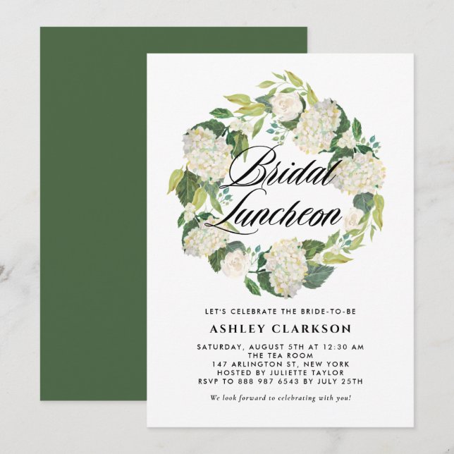 Watercolor White Hydrangea Wreath Bridal Luncheon Invitation (Front/Back)