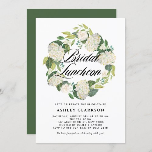 Watercolor White Hydrangea Wreath Bridal Luncheon Invitation