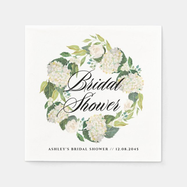 Watercolor White Hydrangea Wreath Bridal Shower Napkins (Front)
