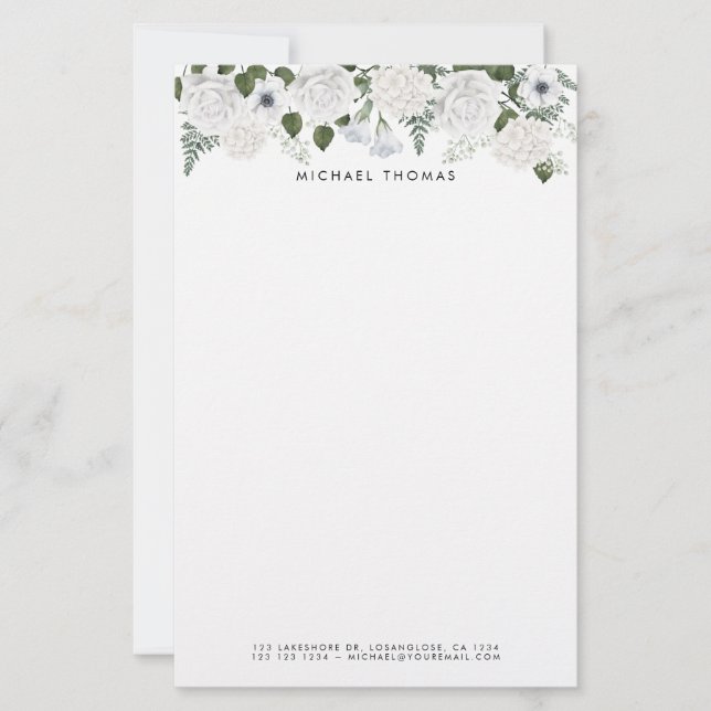 Watercolor White Hydrangeas & Peonies Personalized Stationery (Front)