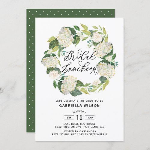 Watercolor White Hydrangeas Wreath Bridal Luncheon Invitation