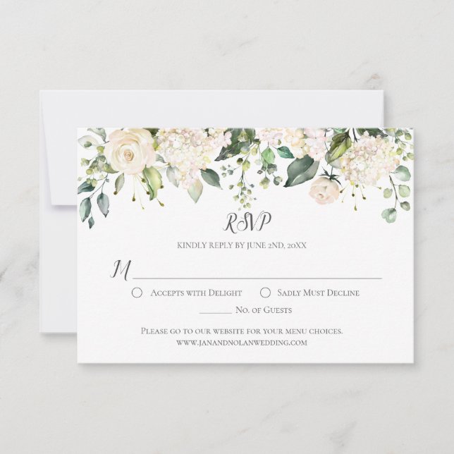 Watercolor White Hydrangeasand Roses Greenery RSVP (Front)