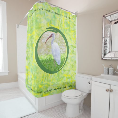 Watercolor White Ibis Balances on a Single Leg Shower Curtain