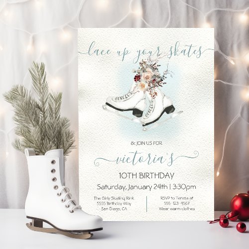 Watercolor White Ice Skating Floral Snow Birthday Invitation