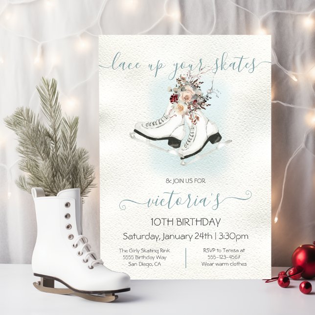 Watercolor White Ice Skating Floral Snow Birthday Invitation (Creator Uploaded)