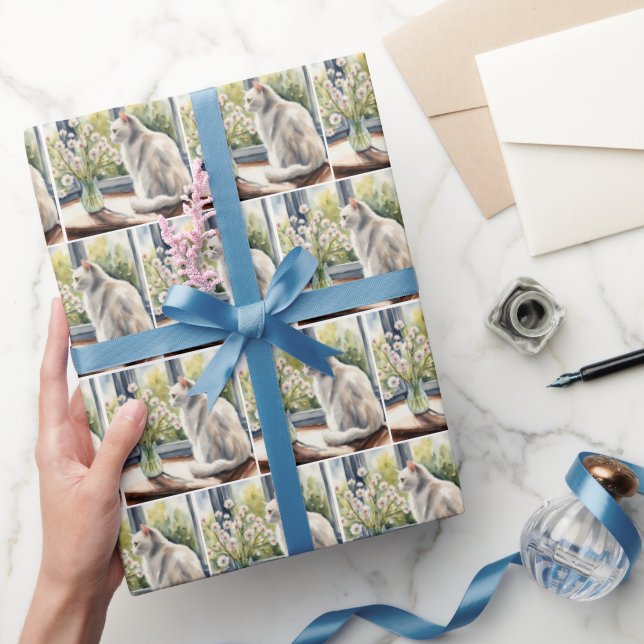 Watercolor White Kitty and Daisies Wrapping Paper (Gifting)