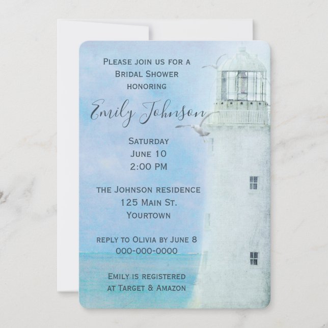 Watercolor White Lighthouse and Seagulls Invitation (Front)