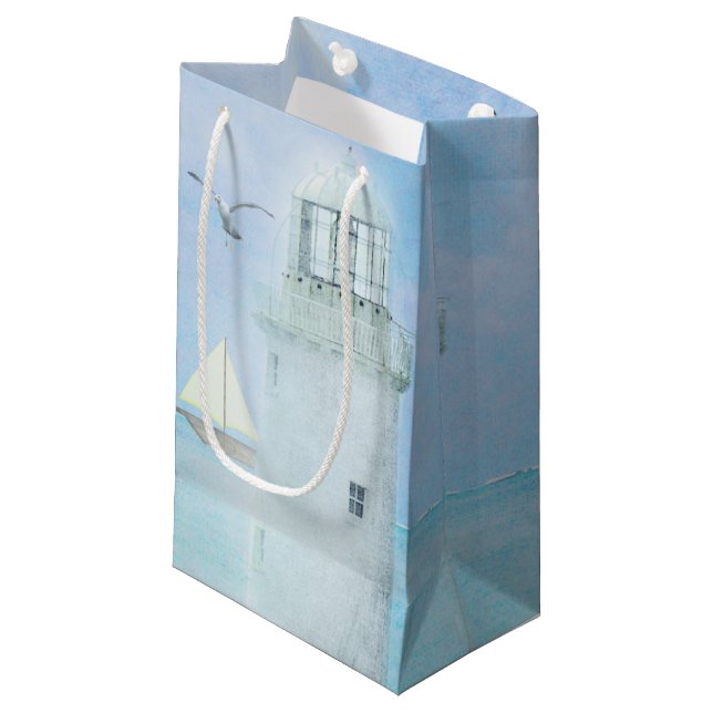 watercolor white lighthouse with sailboat small gift bag (Front Angled)
