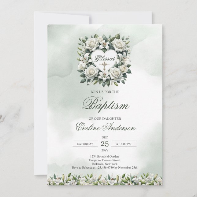 Watercolor white lilies and gold Baptism Invitation (Front)