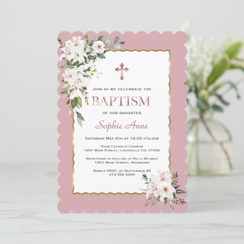 Watercolor White Lilies Rose Gold Girl Baptism  Invitation