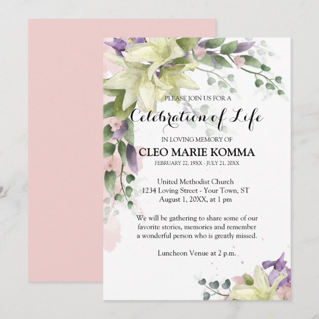 Watercolor White Lilies Sympathy Invitation (Front/Back)